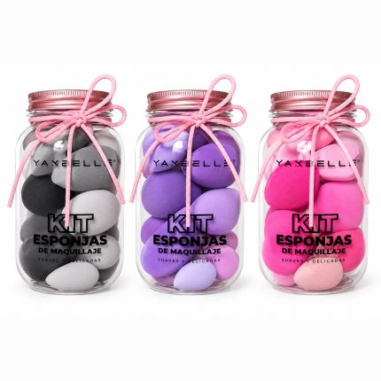 Kit de 14 esponjas de maquillaje en frasco, colores negro, morado y rosado