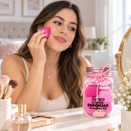 Mujer aplicando maquillaje con esponja rosada