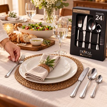 Mesa servida con cubiertos de acero inoxidable Doral