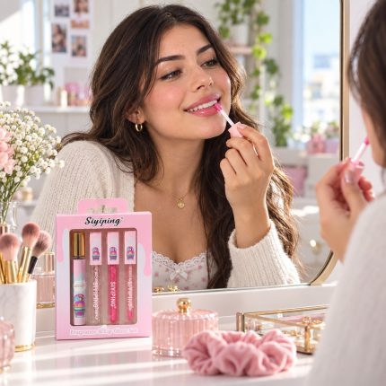Mujer aplicando lip gloss del set Syiping